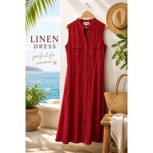 Vintage Linen Rayon Button Front Midi Dress Sleeveless Red Utility Shirt Dress